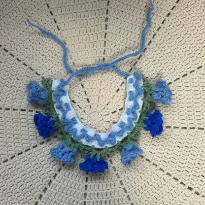 Knitted Pet Bib with Blue Bell Flowers - Cute Style Photo Accessory