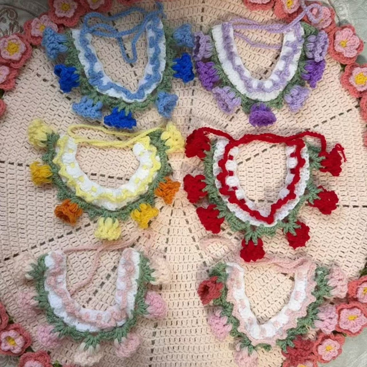 Knitted Pet Bib with Blue Bell Flowers - Cute Style Photo Accessory