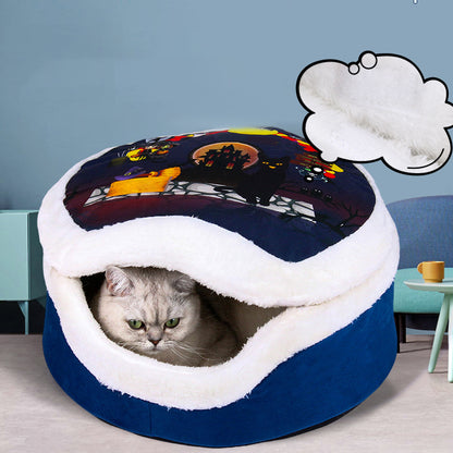 Pet Cat Bed with Lift-Top Copper Drum Cartoon Design