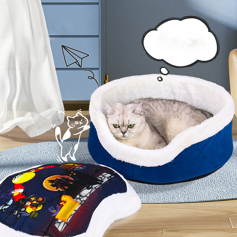 Pet Cat Bed with Lift-Top Copper Drum Cartoon Design