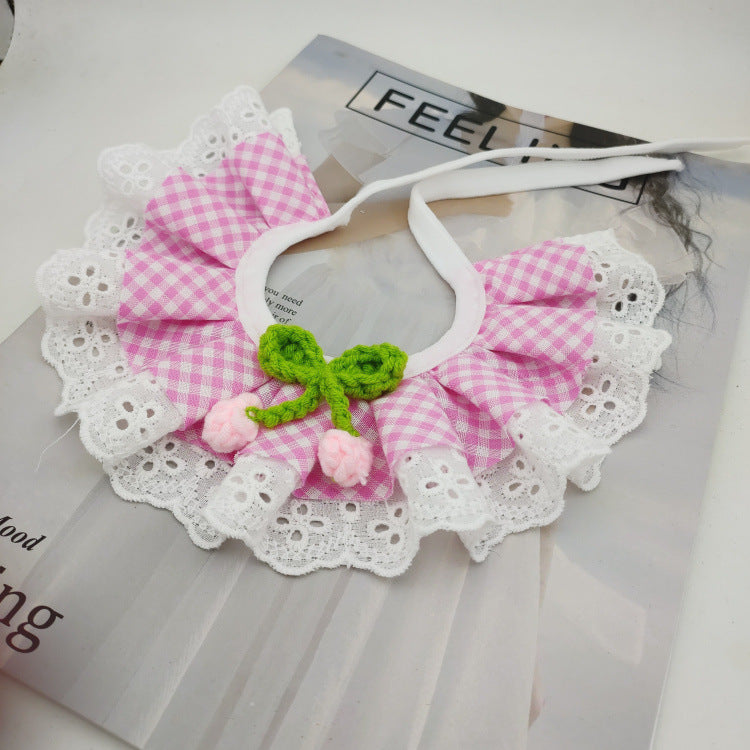Korean-style bow lace checkered pet accessory scarf