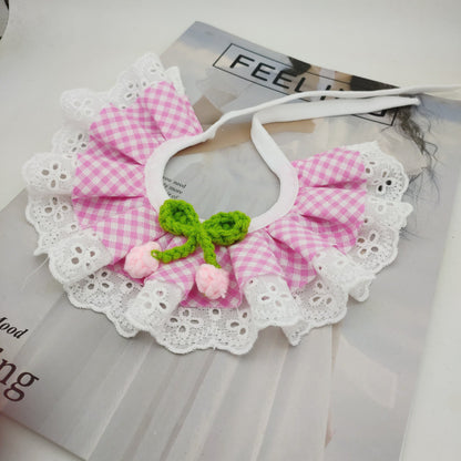 Korean-style bow lace checkered pet accessory scarf